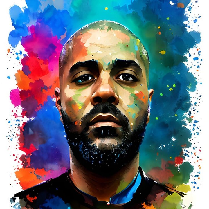 Portrait peint d'Ape Man, visage entouré de taches de couleurs vives