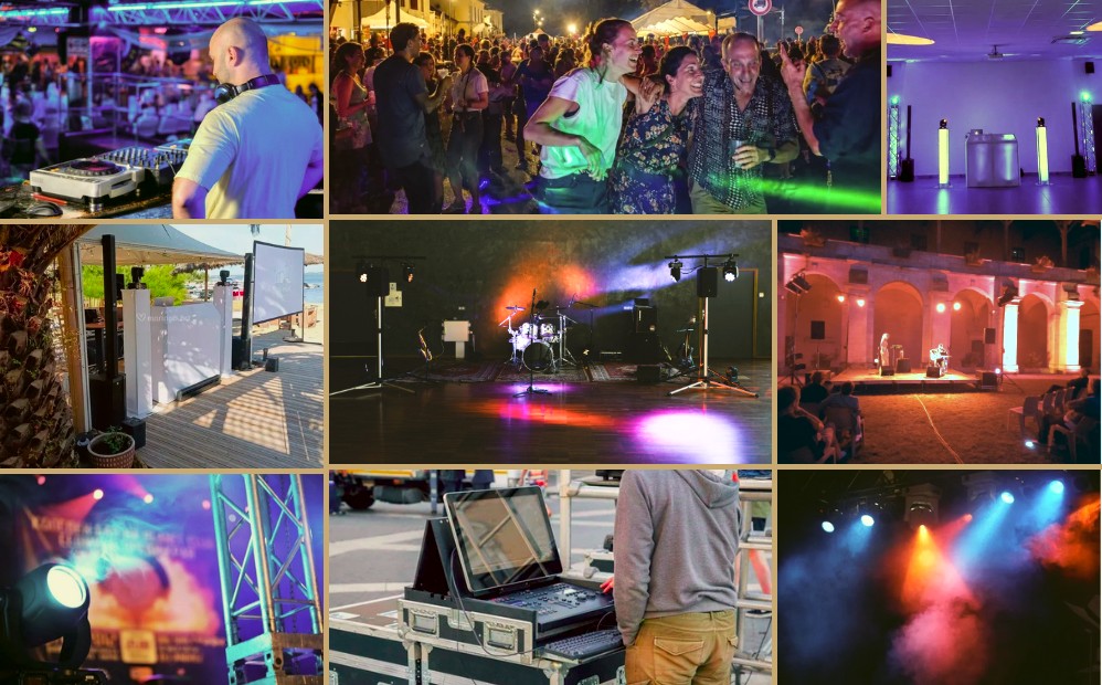 Nos prestations son et lumière en images : DJ en régie, piste de danse, installations lumineuses, scène équipée, concert en plein air, pupitre lumière et projecteurs