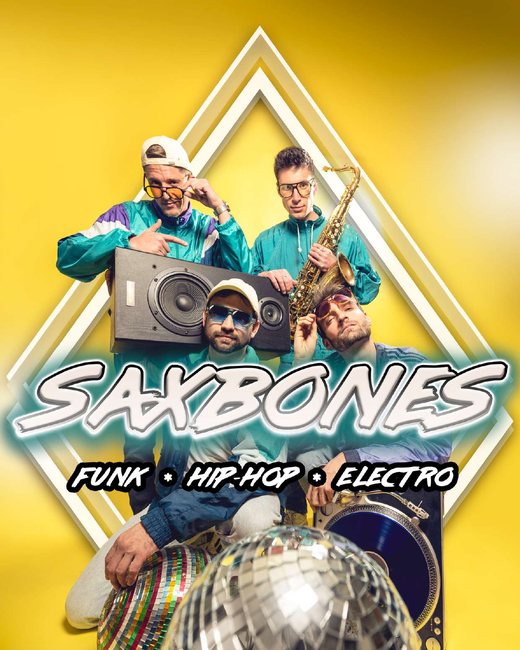 Affiche Saxbones : le groupe sur fond jaune avec le logo Saxbones et une boule à facettes